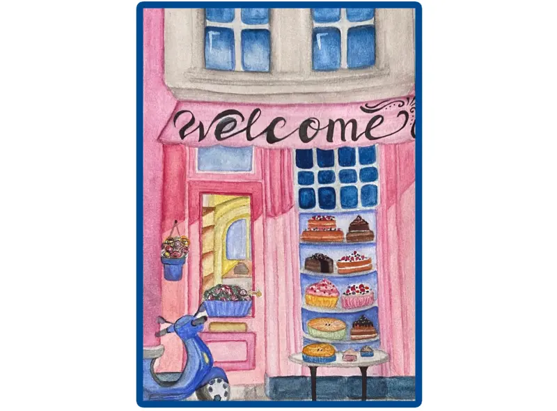 Blue Sky Fostering Welcome Card Competition - pink cake shop cafe drawing